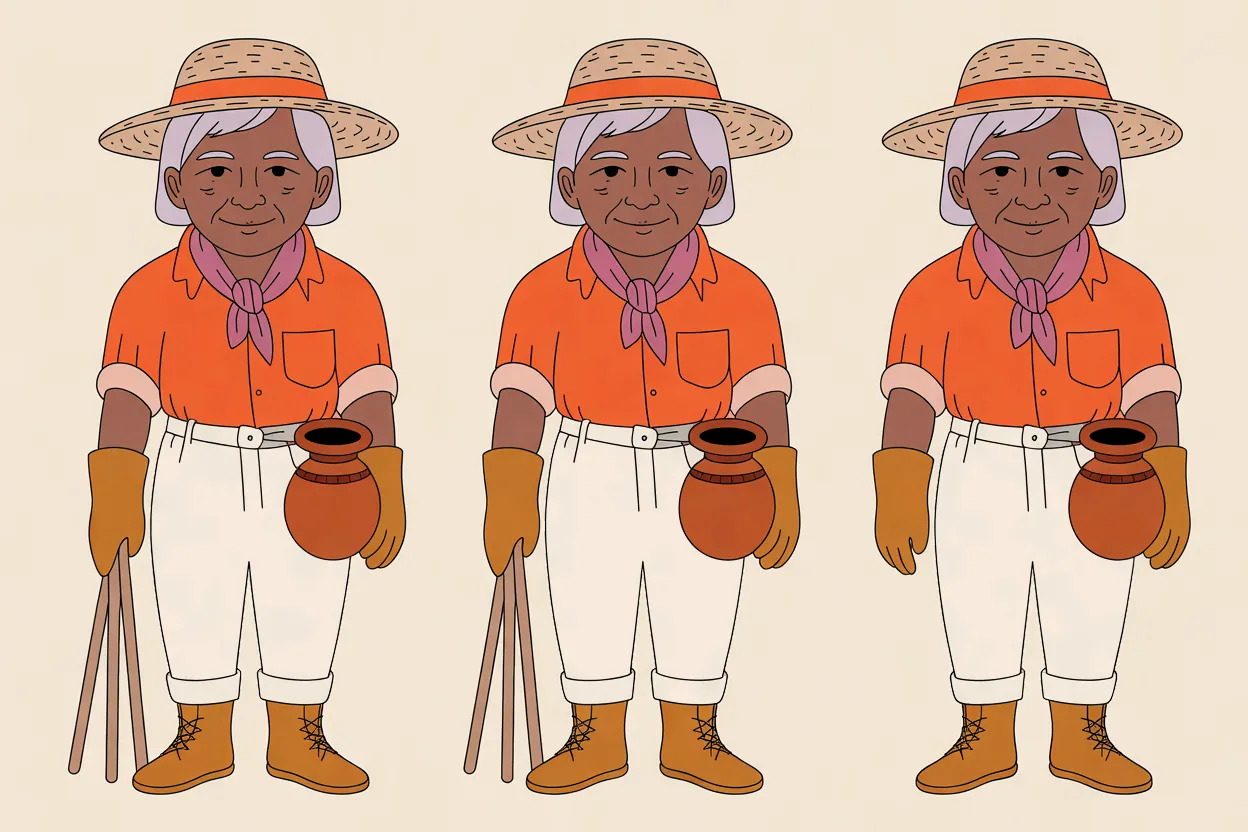 The Sunset Gardener character sheet on a warm cream background: three identical full-length front views with the same small smile, each holding a terracotta water jar at her hip, two with long wooden tongs leaning beside her. She wears a straw hat with an orange band over lavender-white hair, a coral-orange shirt, a rose neckerchief, ochre gauntlet gloves, cream trousers with rolled cuffs and tan lace-up boots.