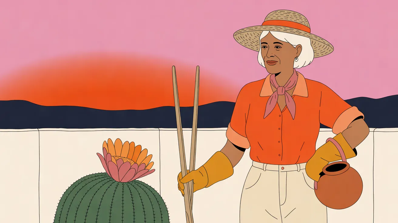 The Sunset Gardener, a small woman with sun-browned skin and white hair under a wide straw hat with an orange band, stands at the right in a coral-orange shirt, a rose neckerchief, cream trousers and ochre leather gloves, holding long wooden tongs in one hand and a round terracotta jar by its handle in the other. Beside her a ribbed green barrel cactus carries one large pink-and-orange flower, and behind them a white adobe wall, a dark mesa and a red-orange sun sit under a pink sky.