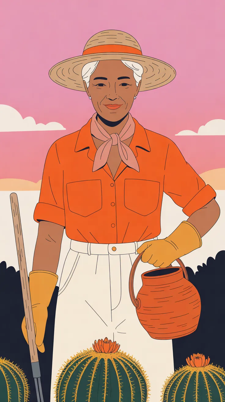 The Sunset Gardener standing behind a row of barrel cacti with orange flowers, in her straw hat, coral-orange shirt, rose neckerchief, cream trousers and ochre gloves, holding a long wooden-handled tool upright in one hand and a terracotta jug by its handle in the other. Behind her, dark shrubs and a few white clouds sit under a pink sky.