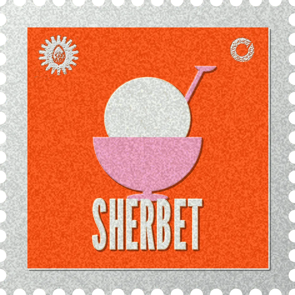 Sherbet stamp, No. 64 in the Official Cannabis collection: a scoop in a footed dish with a spoon leaning out